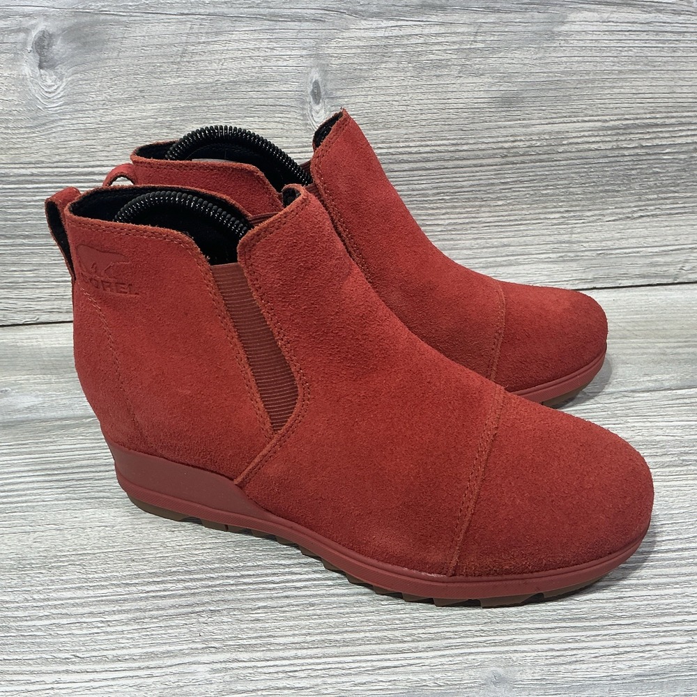 NEW Sorel Evie Pull-On Suede Leather Wedge Ankle Boots Bootie Womens 8 US Orange